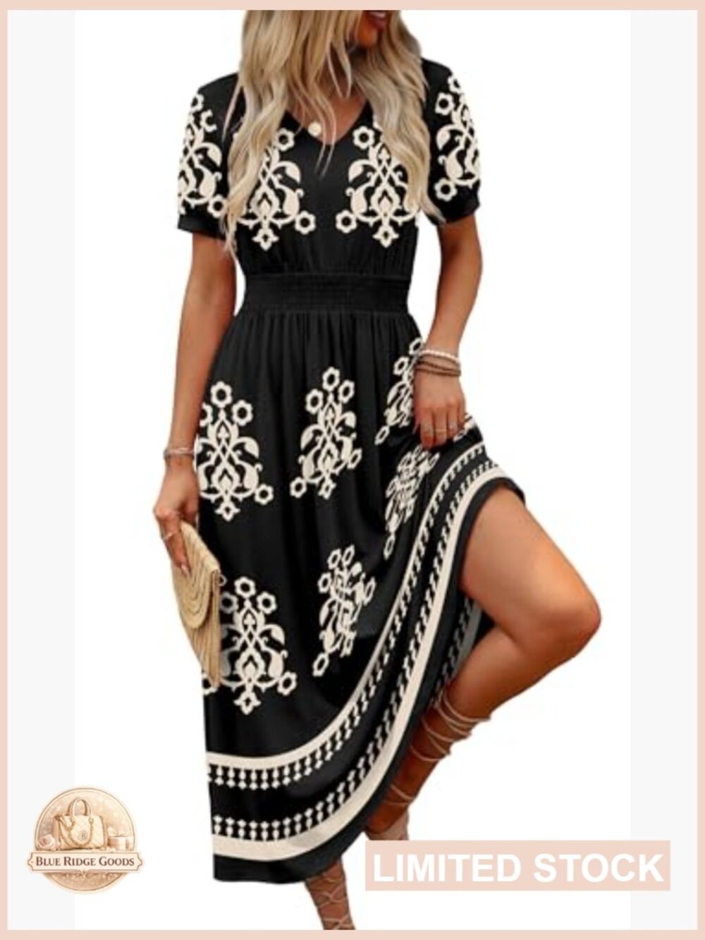 V Neck Maxi Dress Smocked Waist A Line Flowy Midi Boho Casual Summer - Picture 3 of 5